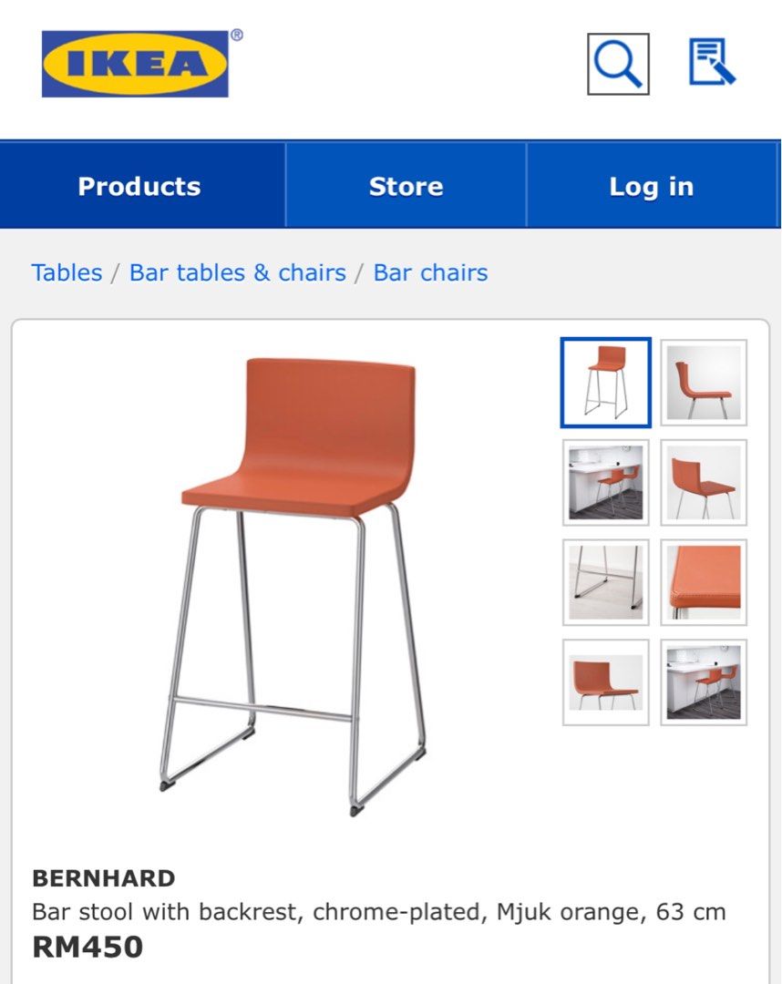Ikea Bernhard bar stool with backrest, chromeplated, mjuk orange (63cm), Furniture & Home
