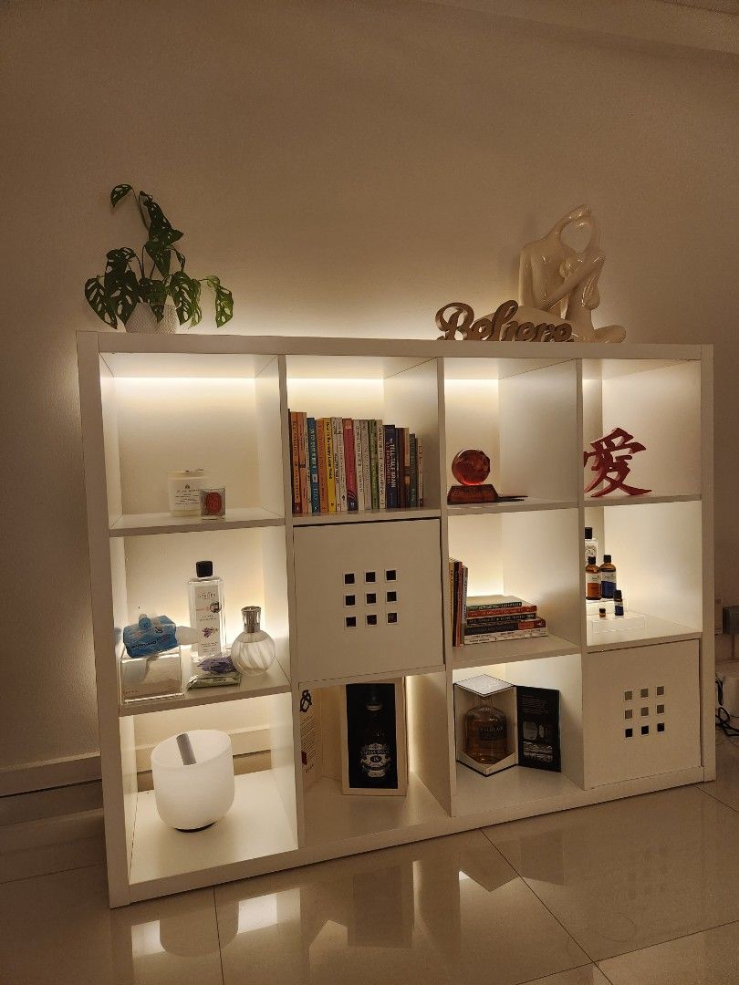 IKEA Kallax Shelf with 2 inserts and LED lights, Furniture & Home Living, Furniture, Shelves