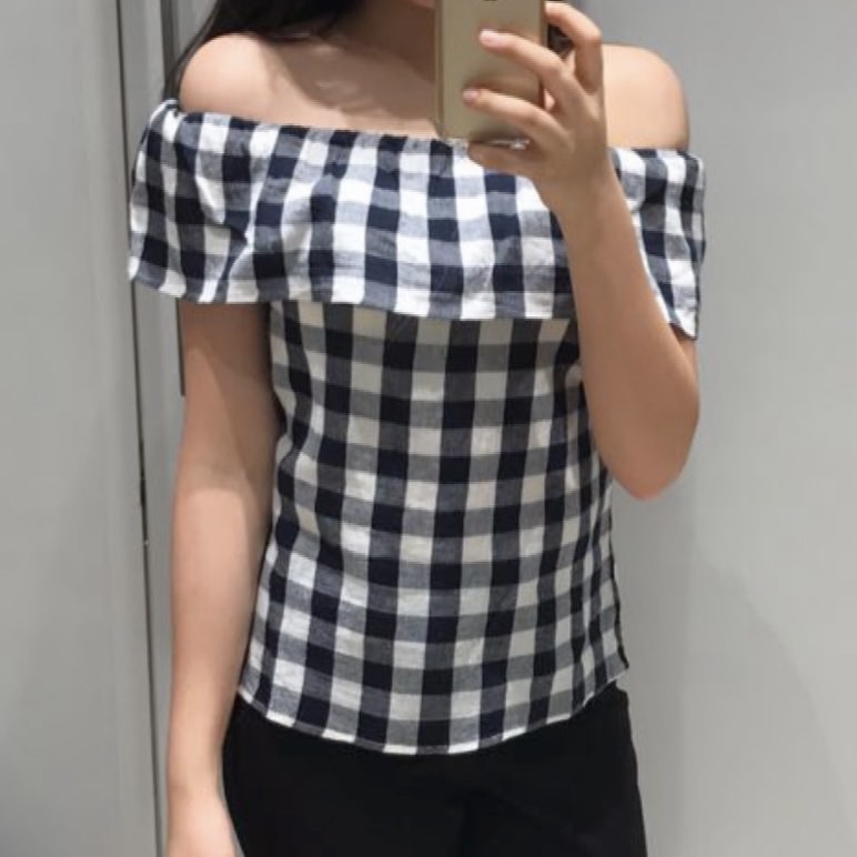 M&S Checkered Off Shoulder Black Top on Carousell