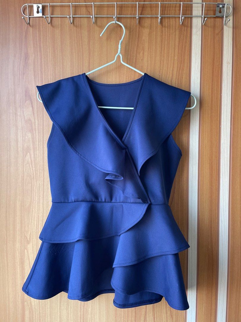 Navy Peplum Top, Fesyen Wanita, Pakaian Wanita, Atasan di Carousell