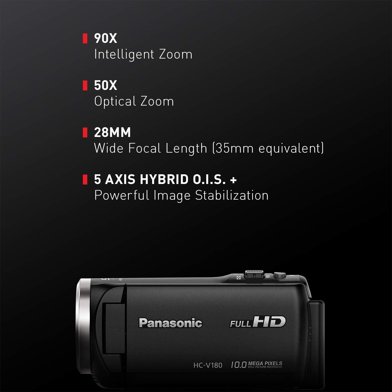 松下全高清数码摄像机 HC-V180K，50倍光学变焦，1/5.8英寸背照式传感器，支持触控的2.7英寸液晶显示屏（黑色）（HC-V180K）62864720893697111