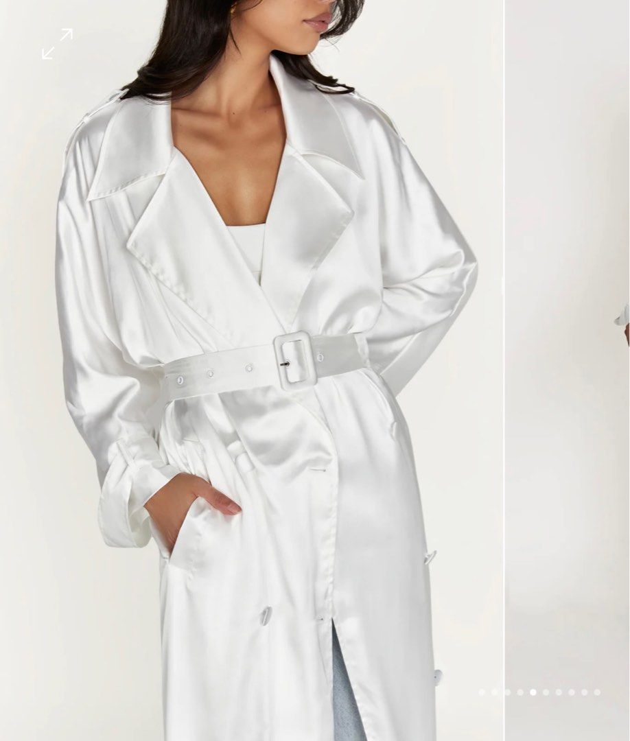 White satin trench coat on sale