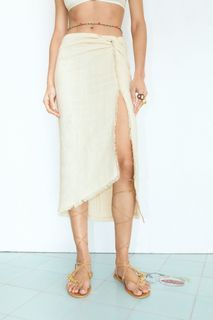 ZARA Frayed Rustic Midi Skirt with Slit Ecru S