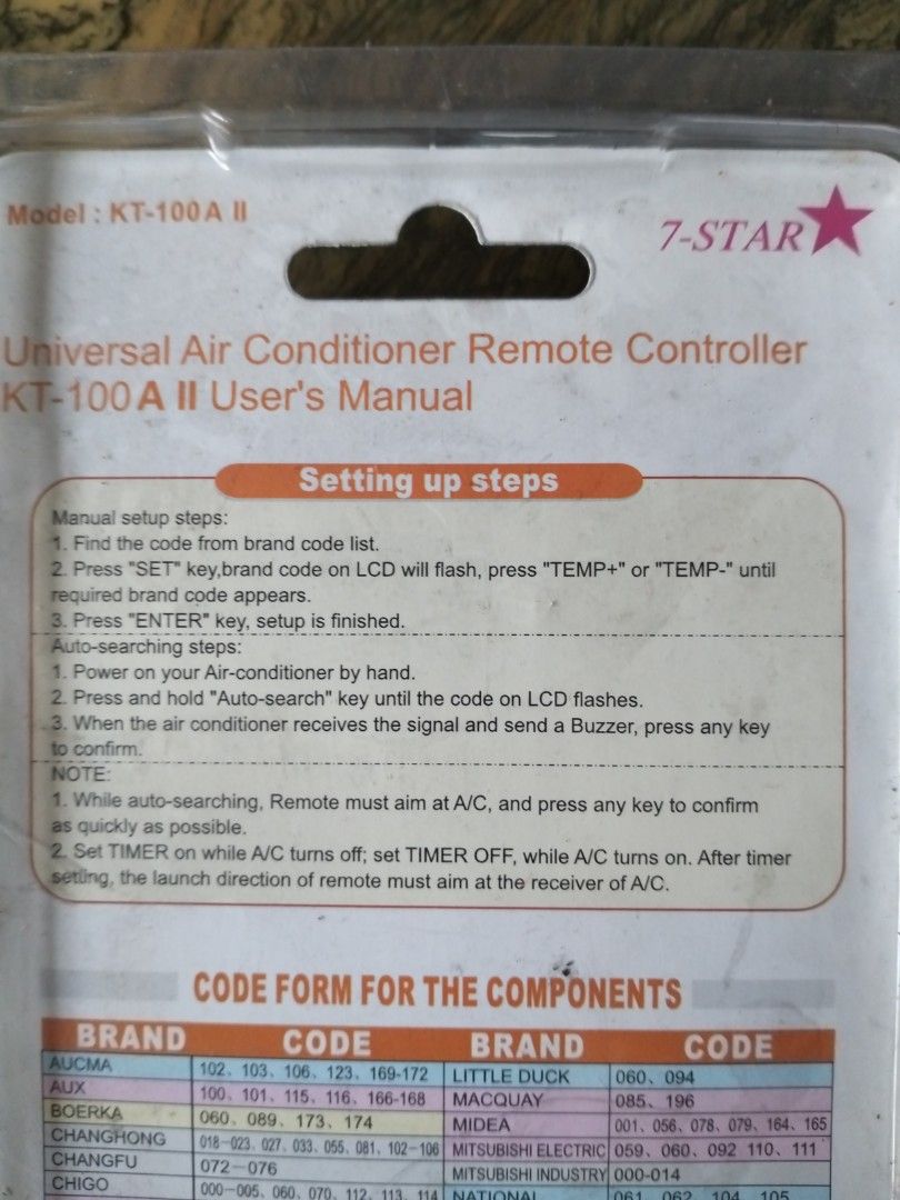 7star KT100A II Universal AC Remote, TV & Home Appliances, Air