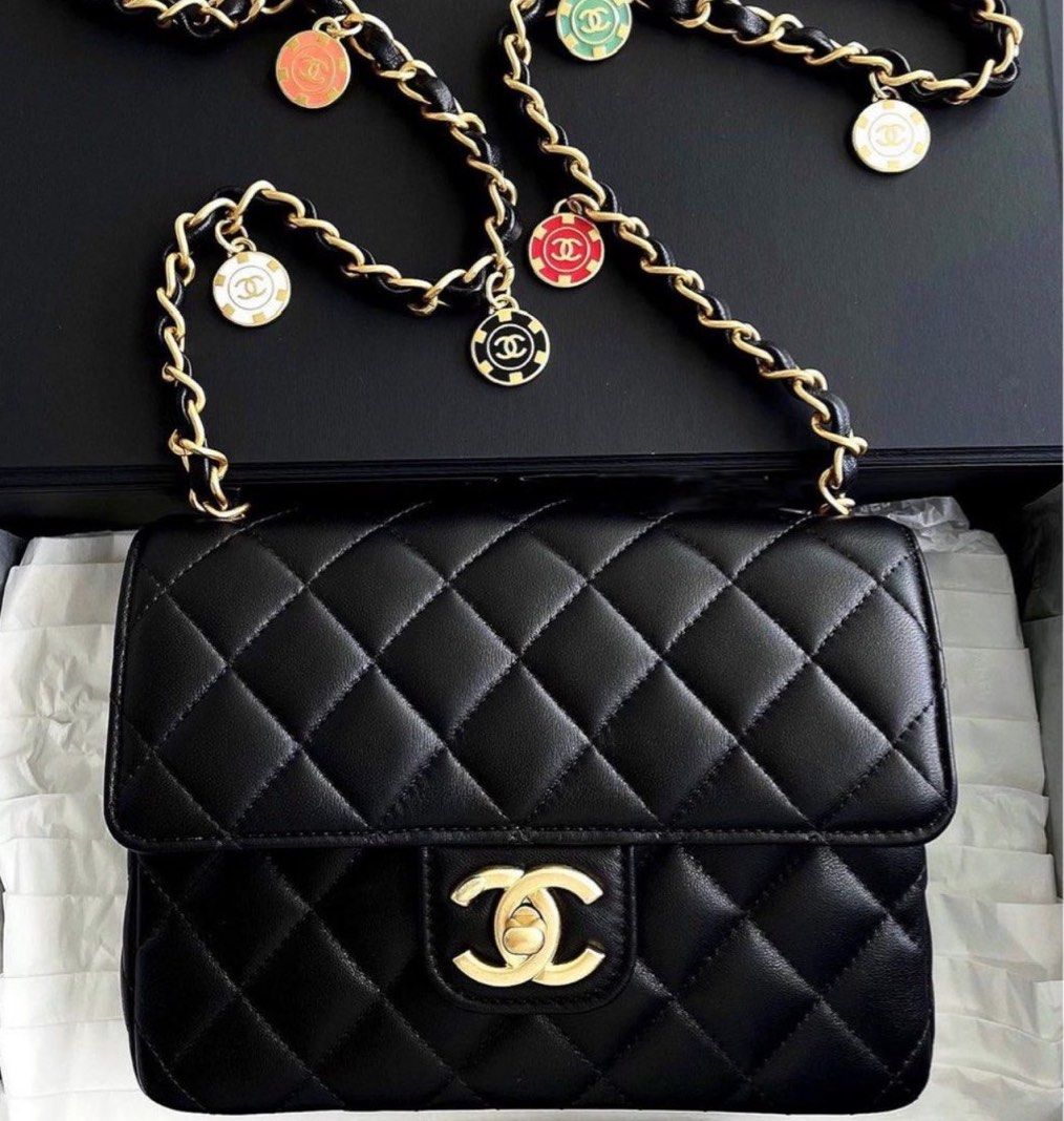 🆕 AUTHENTIC CHANEL 23C MINI SQUARE BLACK LAMBSKIN WITH COLORFUL ENAMEL  CHARMS GOLD HARDWARE