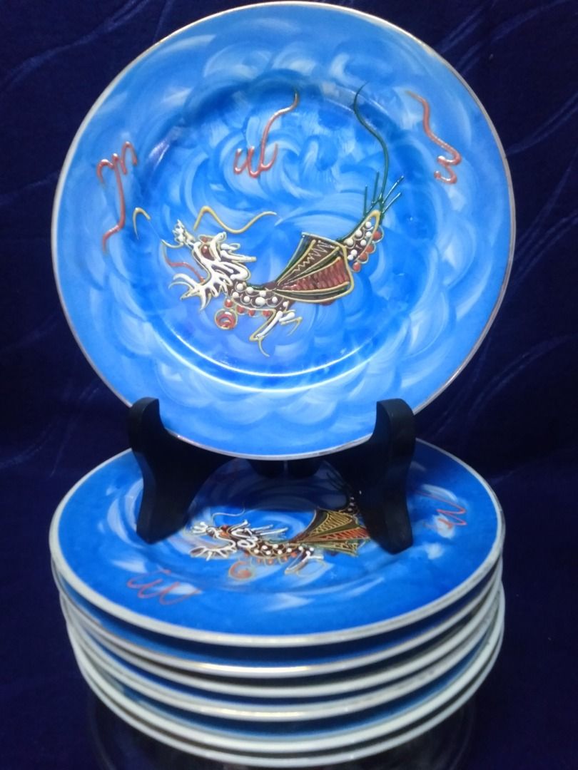 Antique/ Vintage Japanese Moriage Blue Satsuma Dragon Side Plates (7