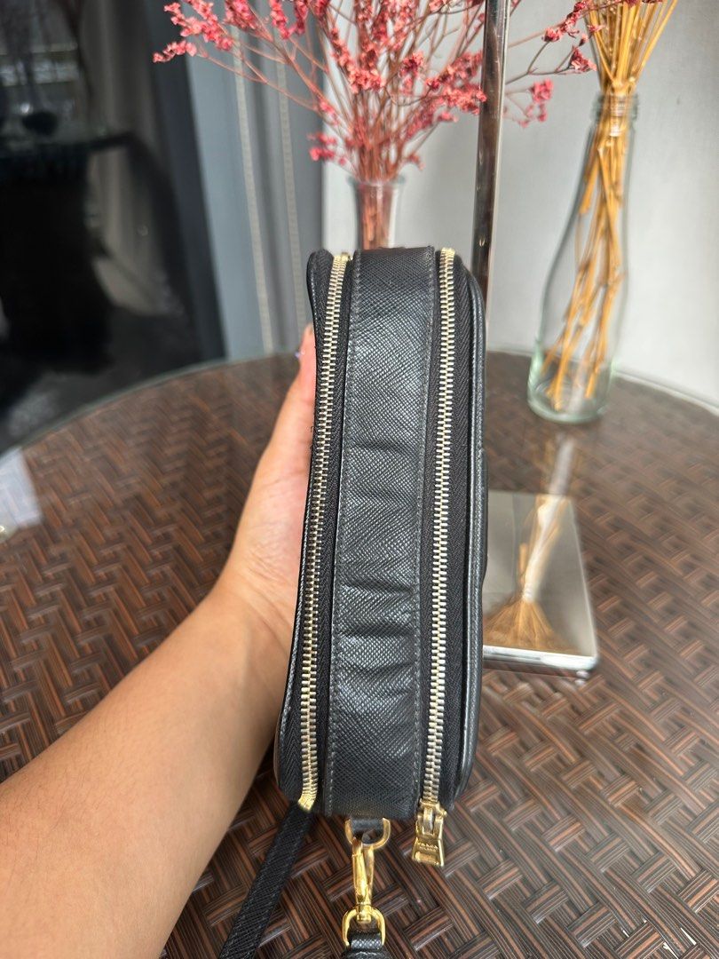 Prada Black Saffiano Lux Leather Double Zip Camera Crossbody Bag Prada