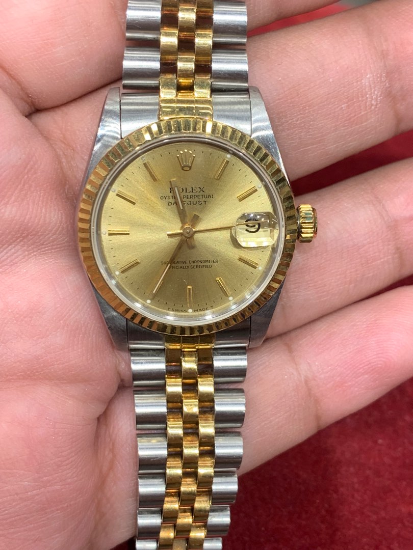 Authentic ROLEX 31mm Junior Datejust Champagne Stick Dial in 18k gold