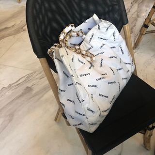 Authentic Vintage Chanel Logo Shopping Tote Quilted Printed Canvas Large