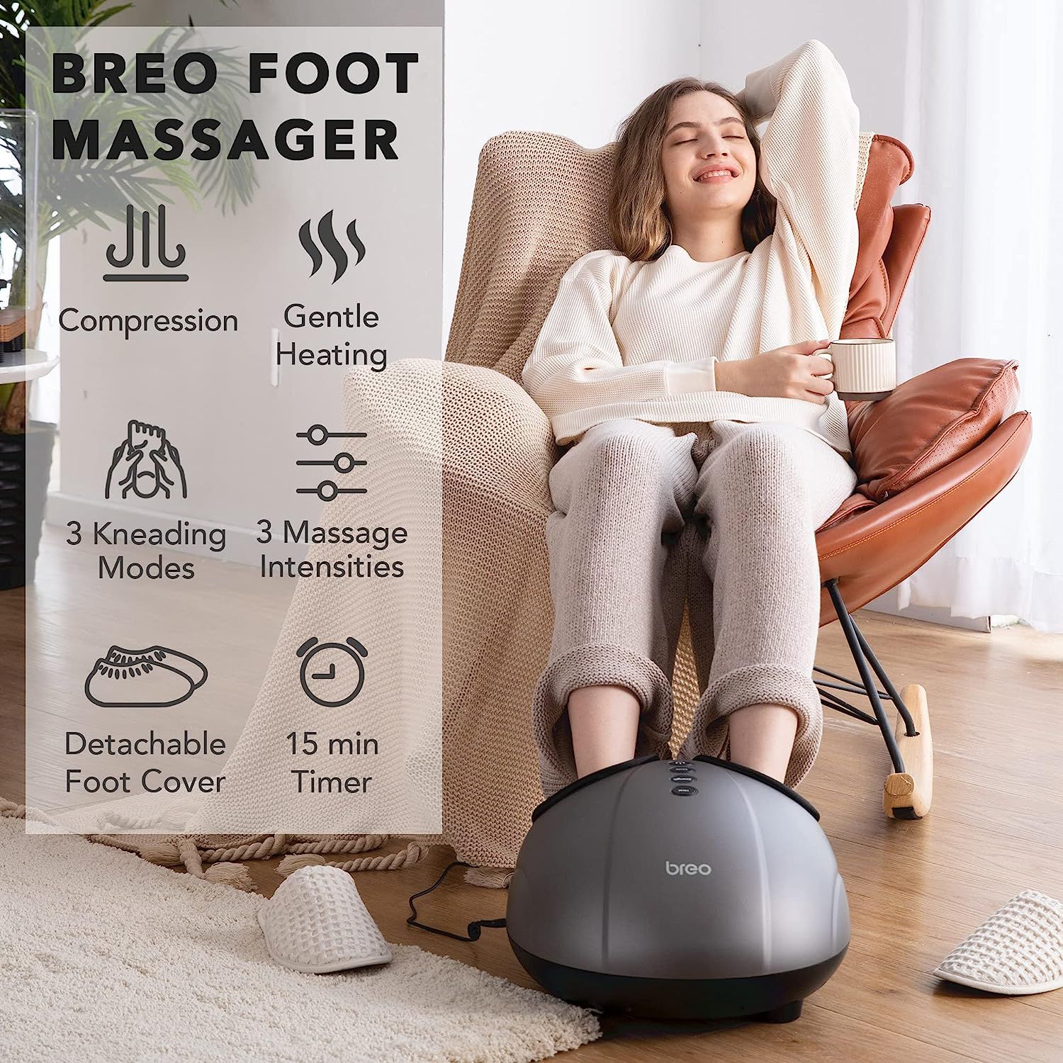 Breo Foot Massager with Heat Deep Kneading Rolling Therapy Massage with Air Compression Relieve Foot Pain Plantar Fasciitis for Up to Size 11 US or