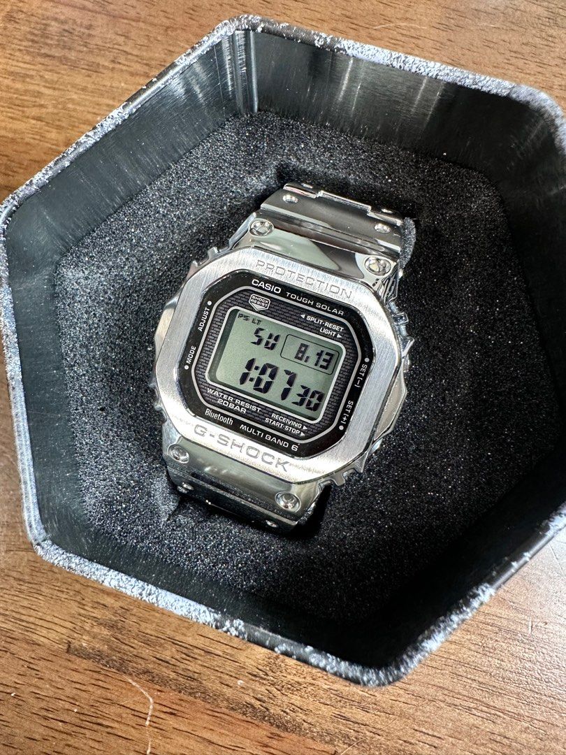 Casio G-Shock GMW-B5000D-1 銀色鋼錶太陽能GShock B5000, 男裝, 手錶