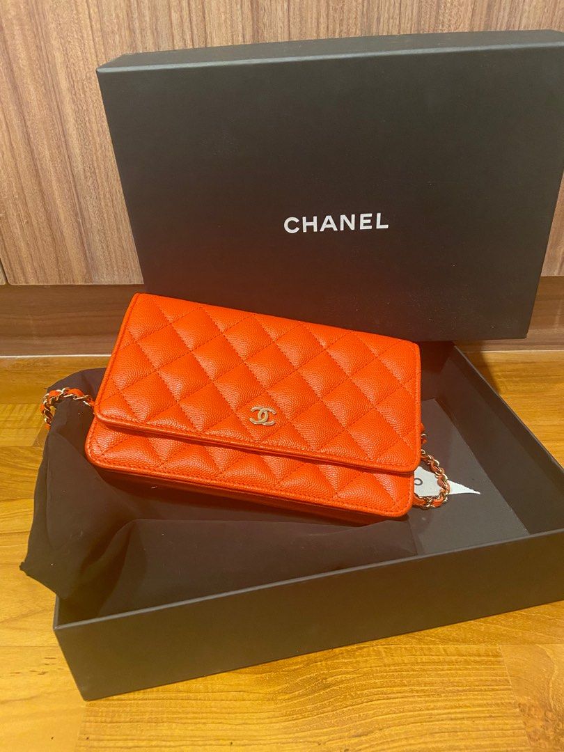 New Chanel Orange Patent Caviar Timeless Classic WOC Wallet on