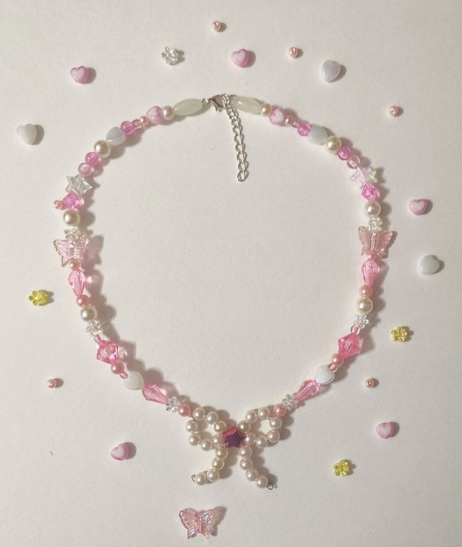 Cute Coquette Beaded Bow Necklace