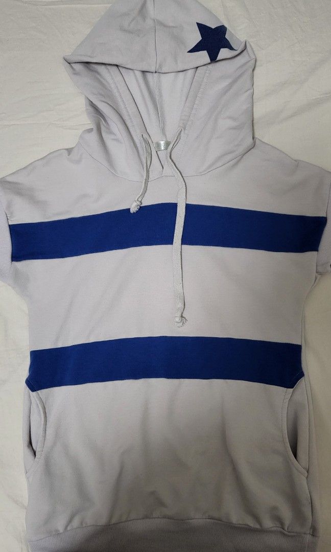 Cute short sleeved blue and white stripes hoodie Women s Fashion