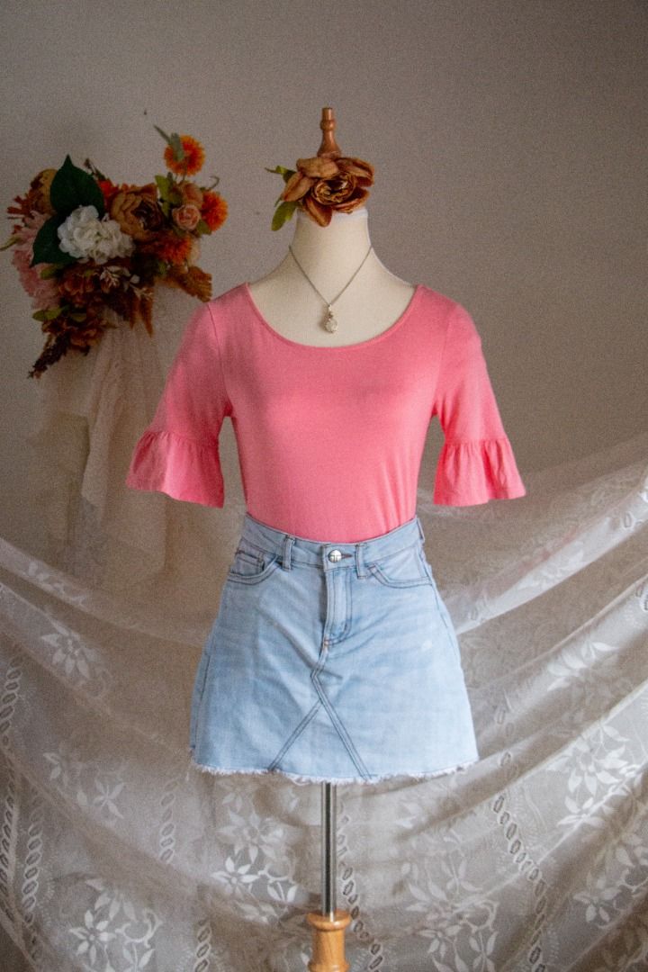 esprit pink ruffles sleeves t shirt jeans mini skirt attached with