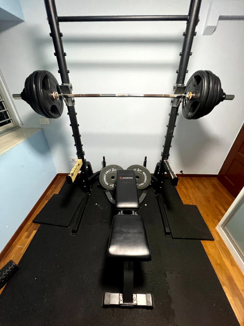 Full set home gym, squat rack, weights, olympic bar and floor mats