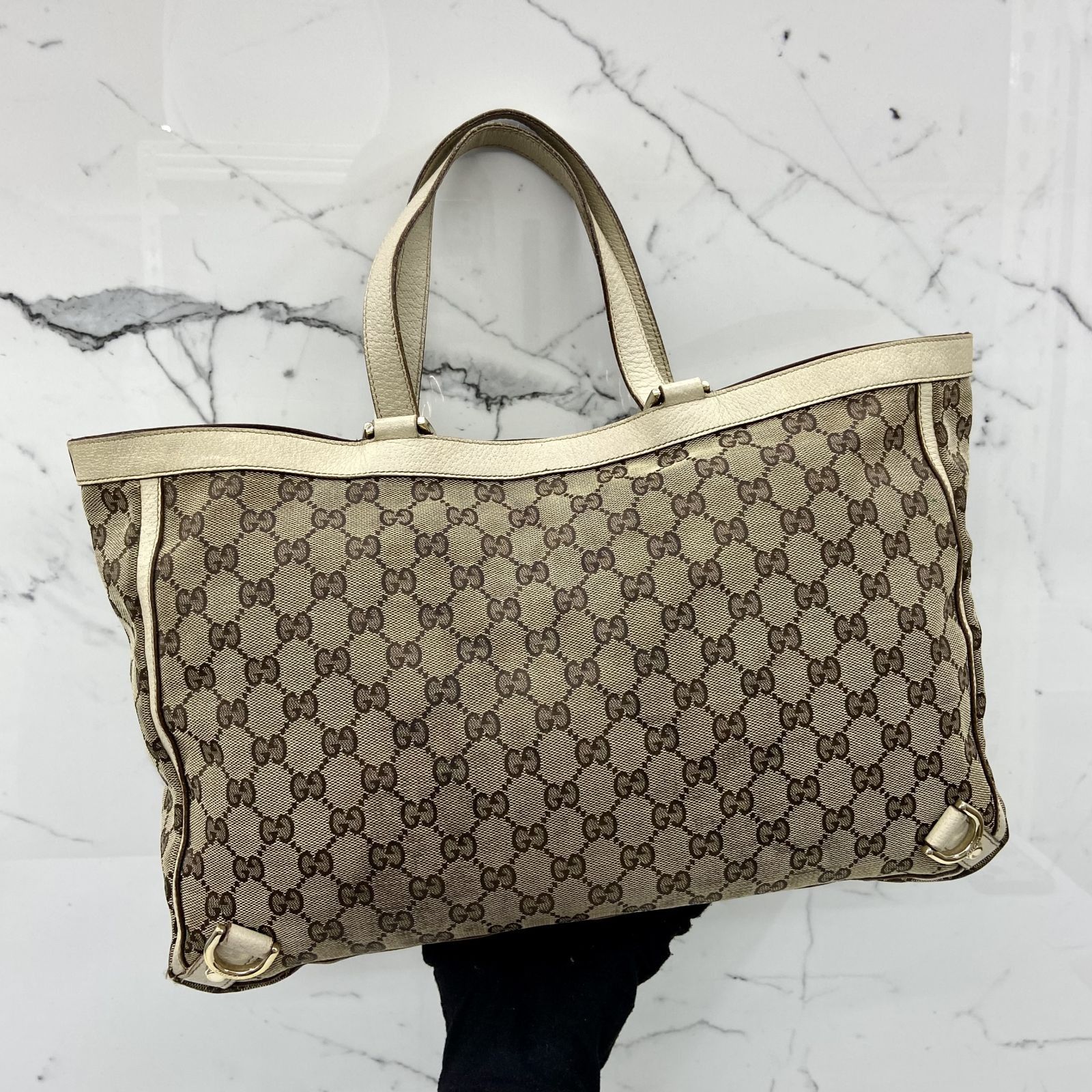 Gucci Beige/Brown GG monogram Canvas and Leather Abbey Tote bag with zip