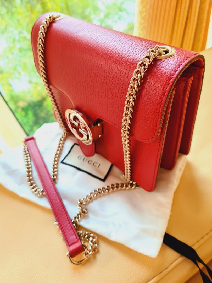 Gucci Red Leather Gold Chain Long Sling Bag