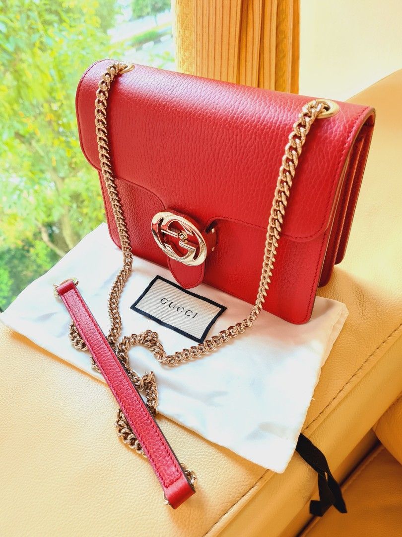 Gucci Red Leather Gold Chain Long Sling Bag