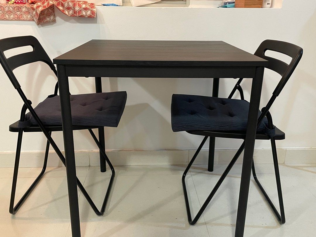 IKEA square Dining Table and twoChairs and cushions, Furniture & Home