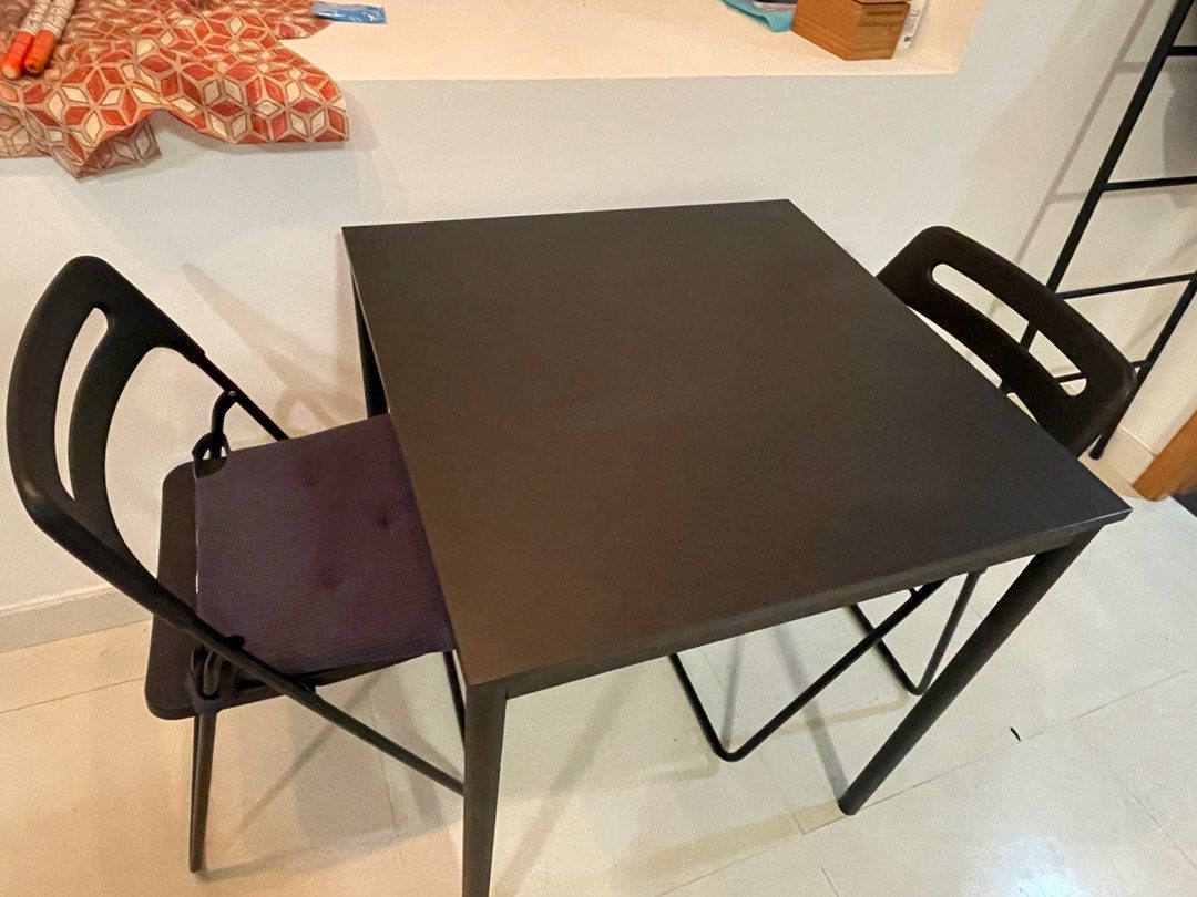 IKEA square Dining Table and twoChairs and cushions, Furniture & Home