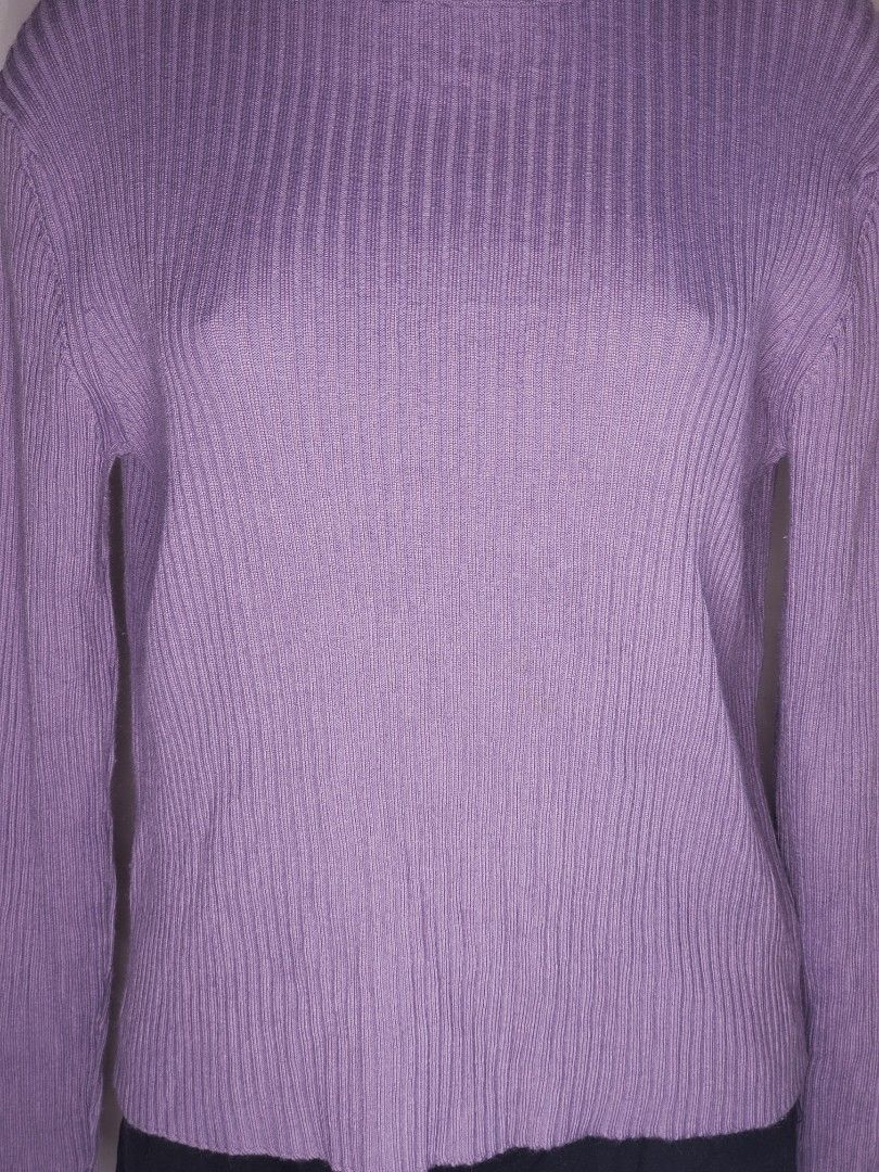 JOSEPHINE CHAUS Plain Purple Ribbed Knit Turtleneck Sweater Long