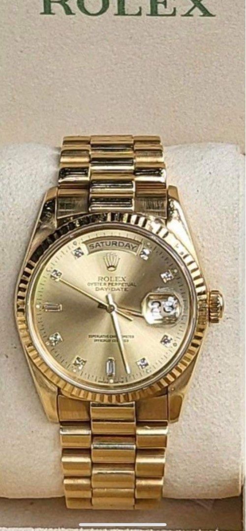 Rolex 1991 Daydate President 18k Solid gold (Category: Luxury Watches) located in Pasig City. Submitted by Watchaholics (Listing ID 1248497251, Image 1). Description: Rolex 1991 Daydate President 18k Solid gold -Ref 18238 -Year model 1991 -36mm -9/10 Condition -UNiT ONLY -open for authentication c/o buyer For 965k You may DM or contact @ 09615077138 Thanks admin😉.