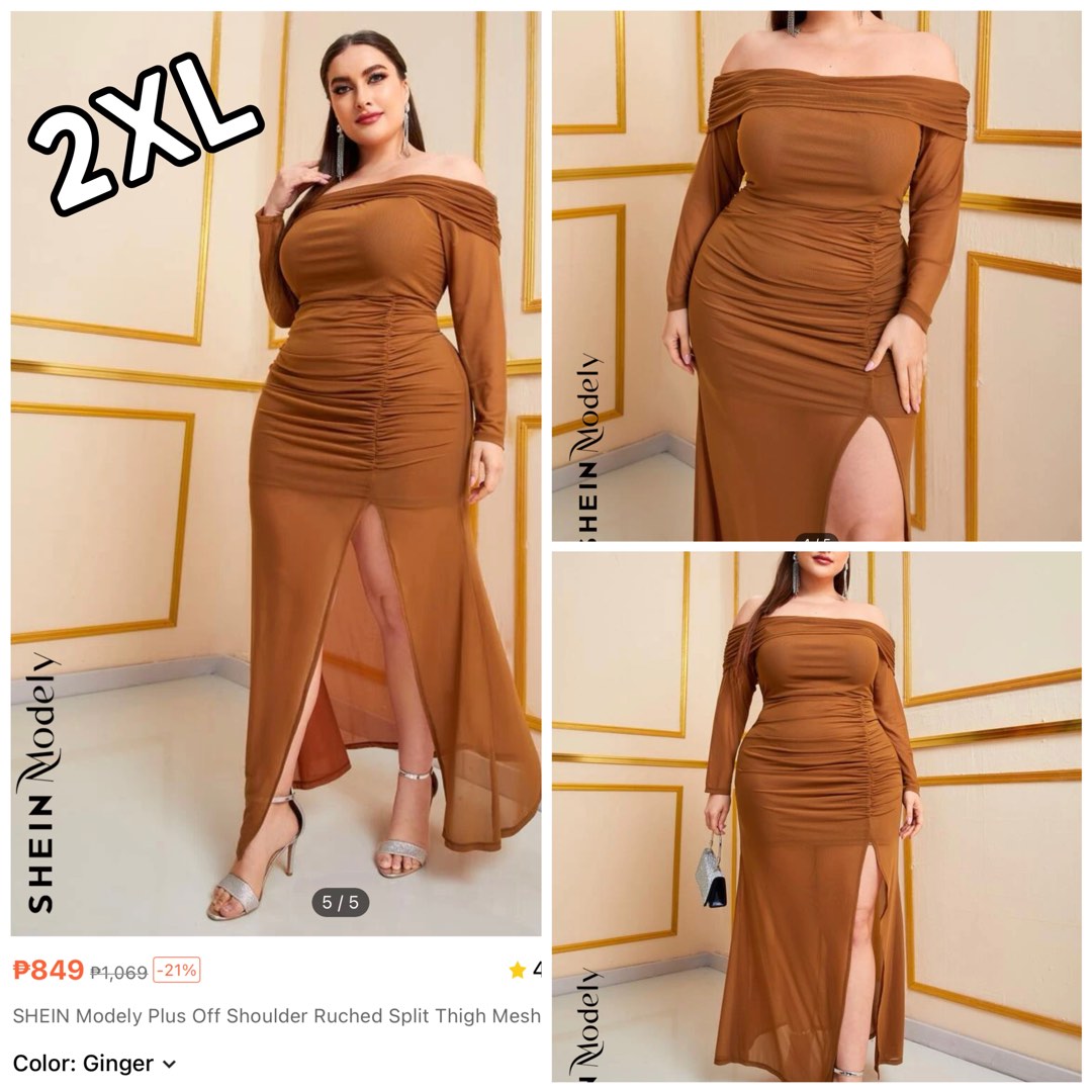 Shein Curve Plus size Ginger Rutched Split Mesh Maxi event/party dress,  Women's Fashion, Dresses & Sets, Evening dresses & gowns on Carousell