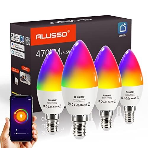 ALUSSO WiFi Smart C37 E14 LED Bulbs, Small Edison Screw Candle Light Bulb,  RGB+CCT Dimmable 5.5W 470LM, Adjustable 2700K-6400K, Works with Alexa/Google,  No Hub Required, 4 Pack, Furniture & Home Living, Lighting