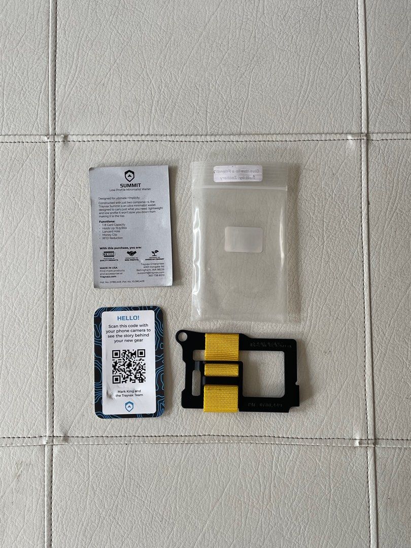 TRAYVAX SUMMIT WALLET YELLOW MINIMALIST EDC (Category: Wallets & Card Holders) located in Davao. Submitted by goldcarp (Listing ID 1248592396, Image 3). Description: For sale: Trayvax Summit - Low Profile Minimalist Wallet Yellow Nylon Webbing Strap Condition: Brand New. Authentic. See actual and commercial pics for reference. DESCRIPTION Constructed with just two components, the Trayvax Summit is an ultra minimalist wallet designed to carry just