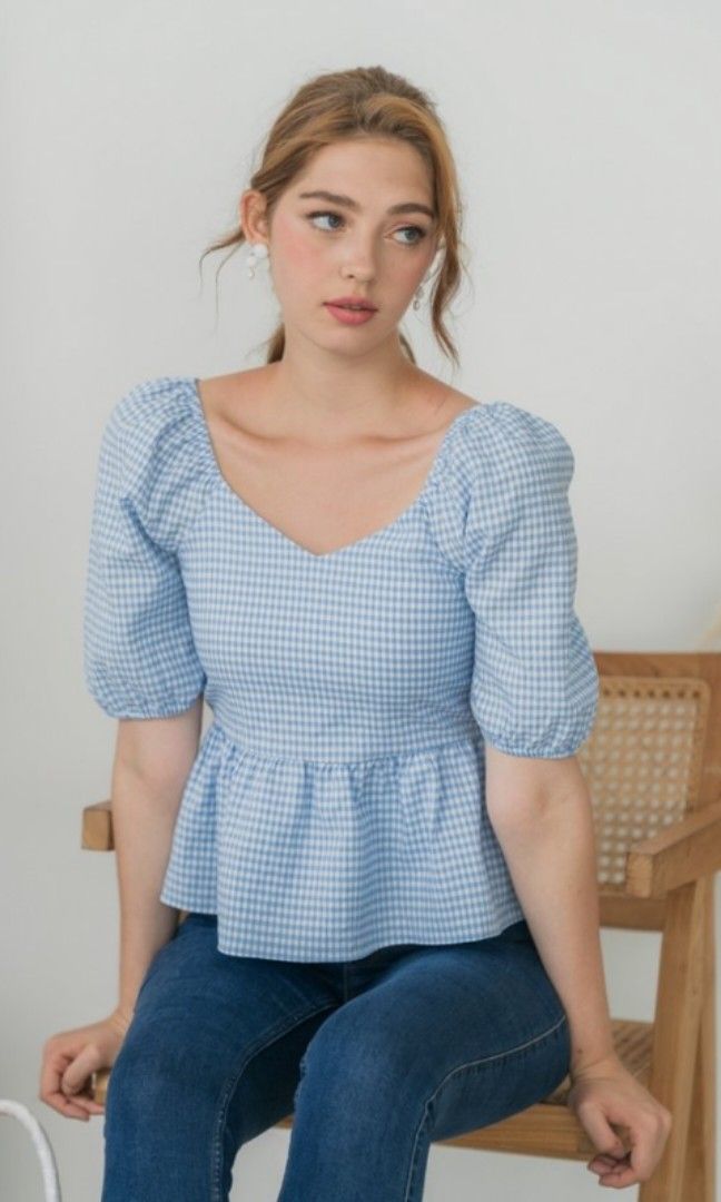 TSW Tricia Gingham Babydoll Top (Blue), Women's Fashion, Tops, Blouses ...