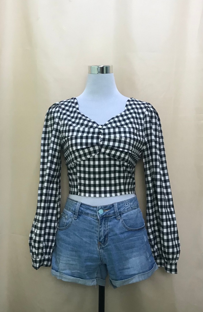 Women's Plaid Longsleeves Checkered Black and White Croptop, Women's ...