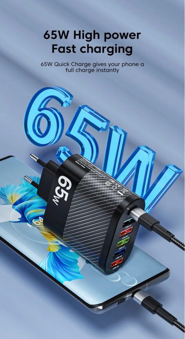 65W 5Ports USB Charger PD Charging Adapter For Xiaomi iPhone 13 Samsung ...