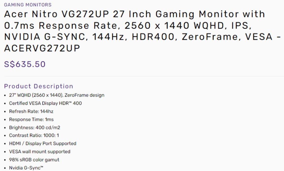 Acer gaming VG 27 FHD Nvidia G-Sync 144HZ 2 ms Speakers Display Port