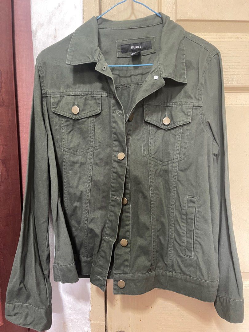 Army Green Denim Jacket, Women's Fashion, Coats, Jackets and Outerwear