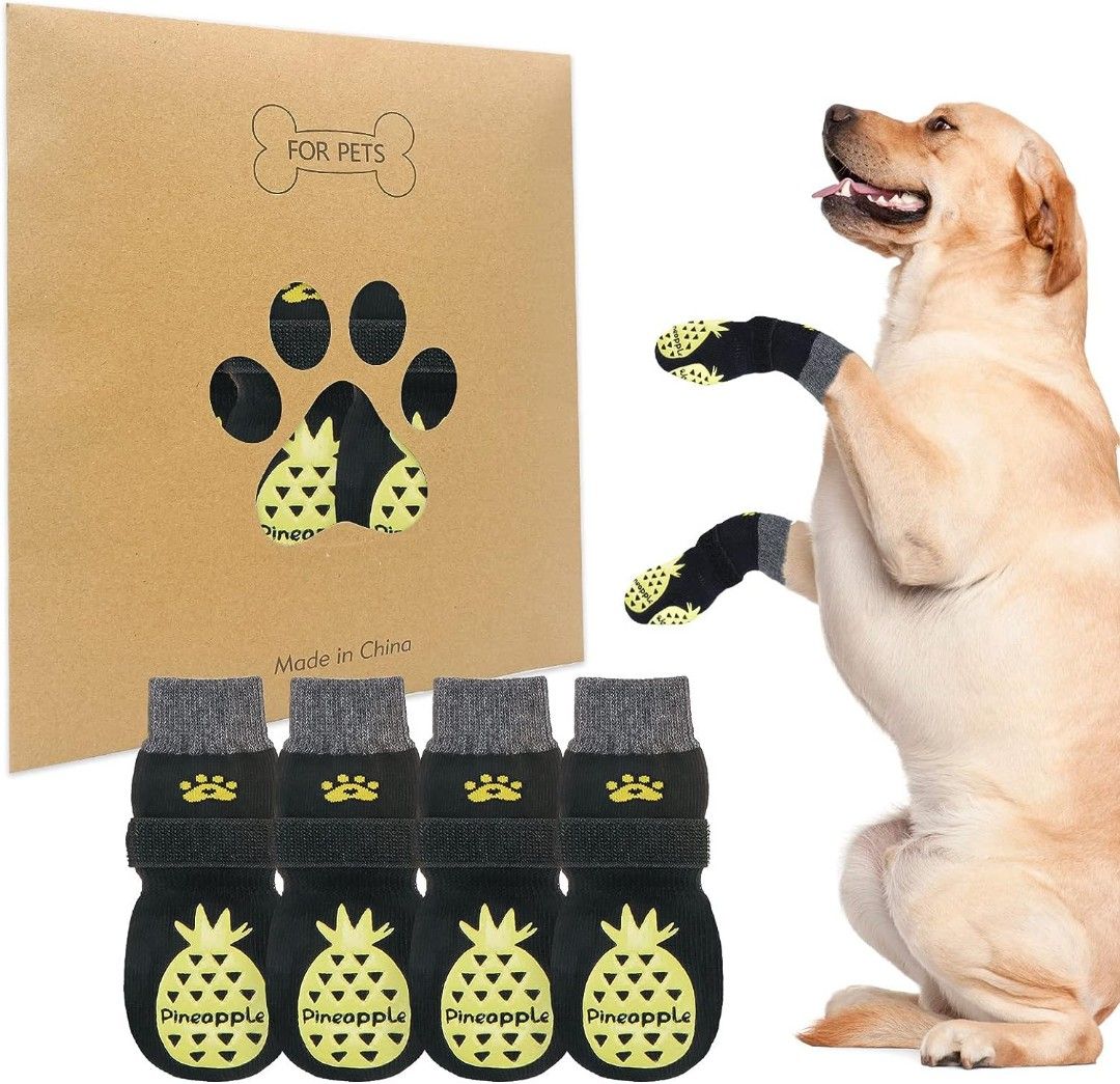 BEAUTYZOO Non Slip Dog Socks for Dogs,Grip Dog Paw Protector Hard Wood  Floor Senior Old Dogs,Injury Protection to Prevent Licking 2 Pairs Anti  Twist Hot/Cold Pavement,Pineapple Black,M(Pack of 4), Pet Supplies, Homes