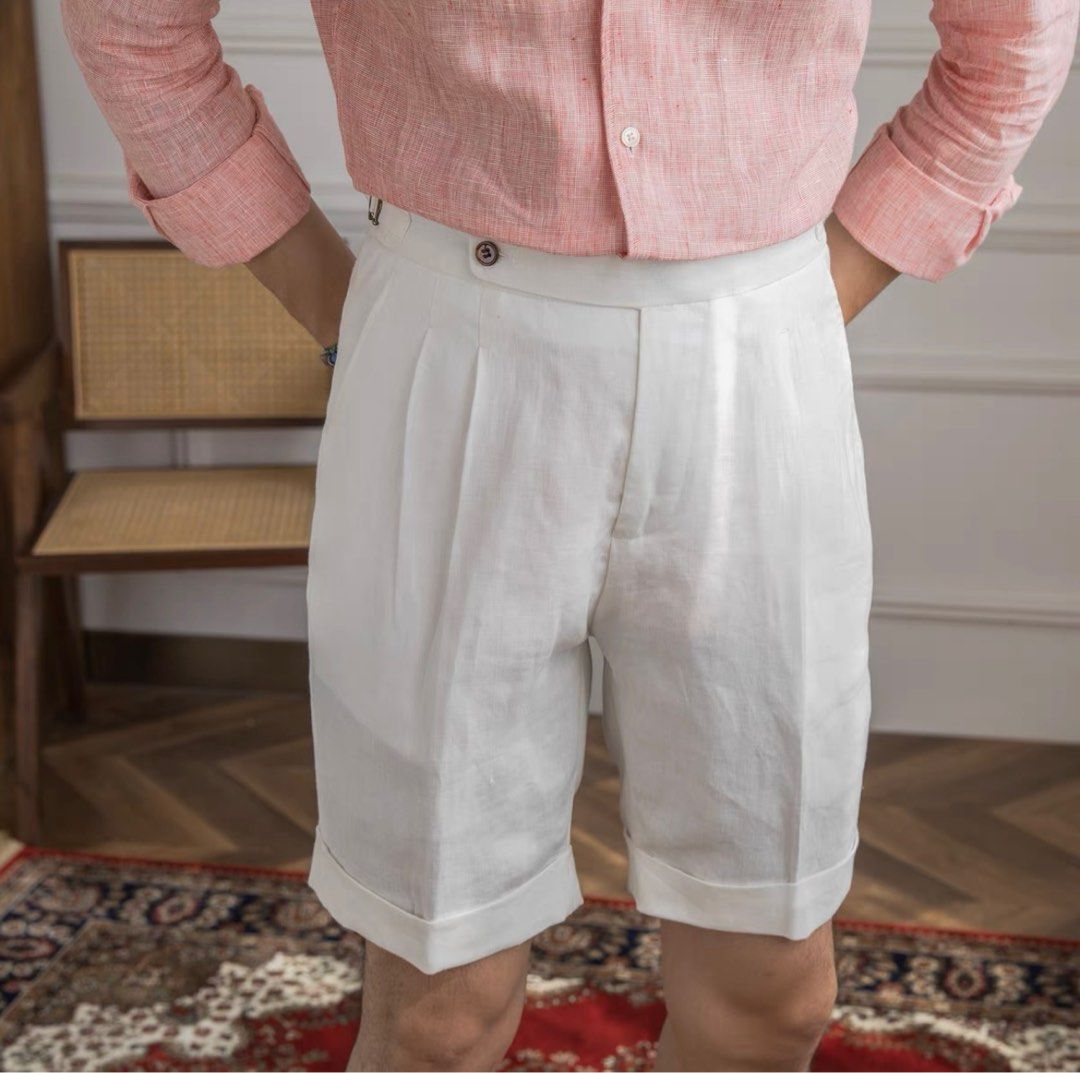 Beltless White Linen summer shorts for men