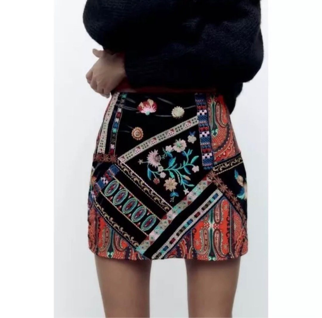 Black embroidered mini skirt hot sale