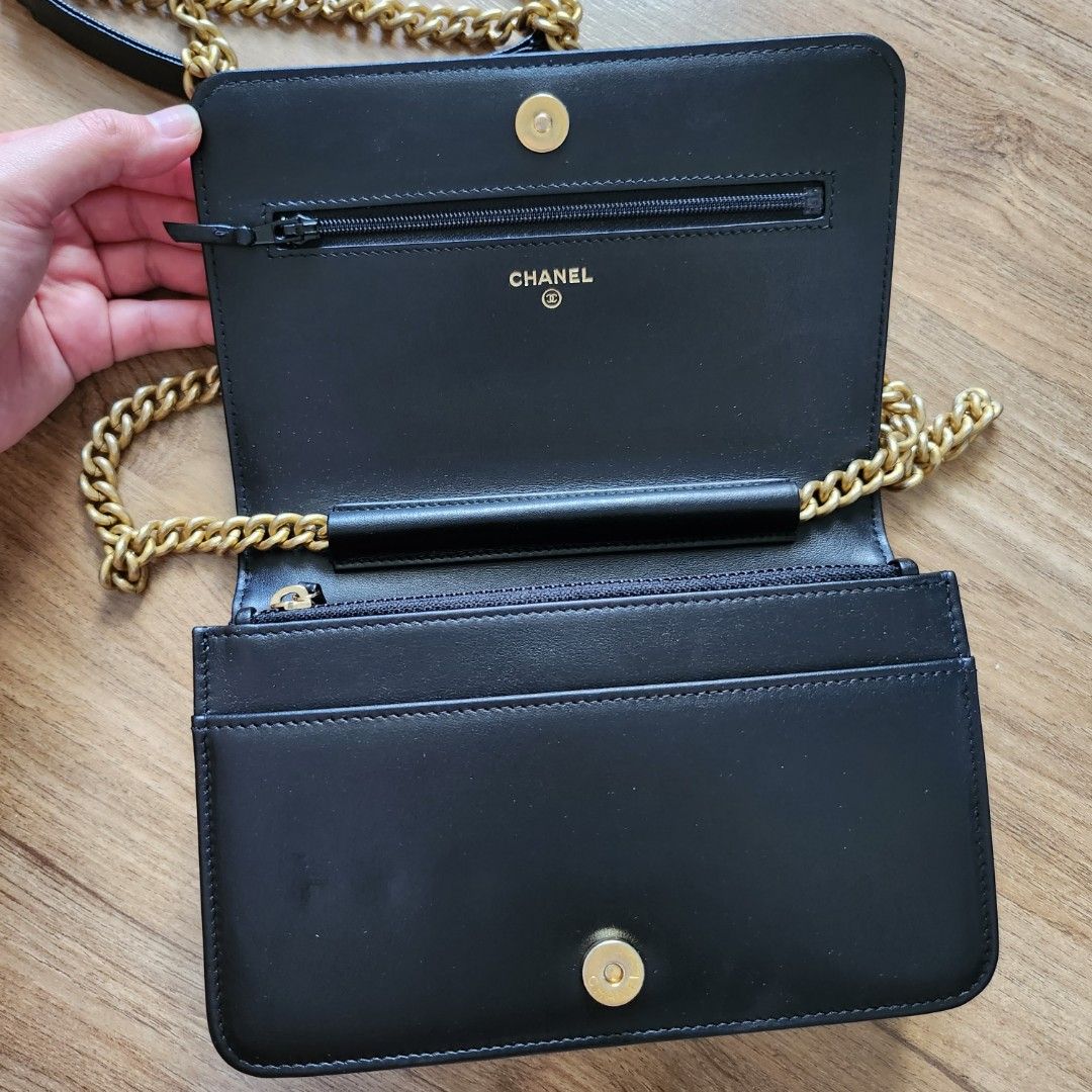 Chanel Boy Wallet on Chain WOC (Category: Luxury Bags & Wallets) located in Makati City. Submitted by tjnrc (Listing ID 1248748012, Image 2). Description: Chanel Boy Wallet on Chain Black caviar/grained calfskin leather Aged gold hardware Microchipped With minor zipper pressmark With dustbag, box, ribbon and camelia flower Available for layaway.