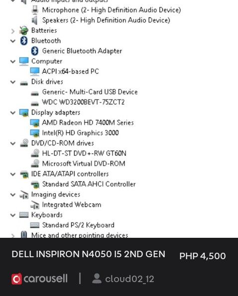 Dell Inspiron n4050 - Intel i5 processor (Category: Laptops & Notebooks) located in Binangonan. Submitted by cloud02_12 (Listing ID 1248719178, Image 3). Description: working, defective battery - you will need to alway plug it to use .
