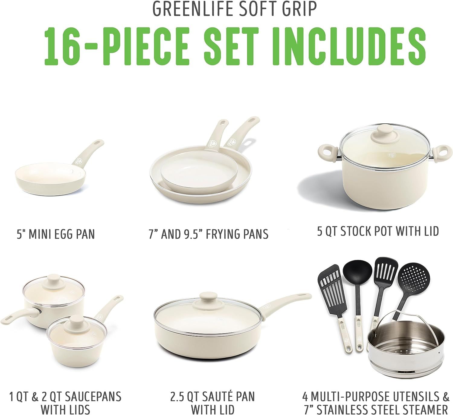 GreenLife Soft Grip Healthy Ceramic Nonstick 16 Piece Kitchen Cookware Pots  and Frying Sauce Pans Set, PFAS-Free, Dishwasher Safe, Turquoise