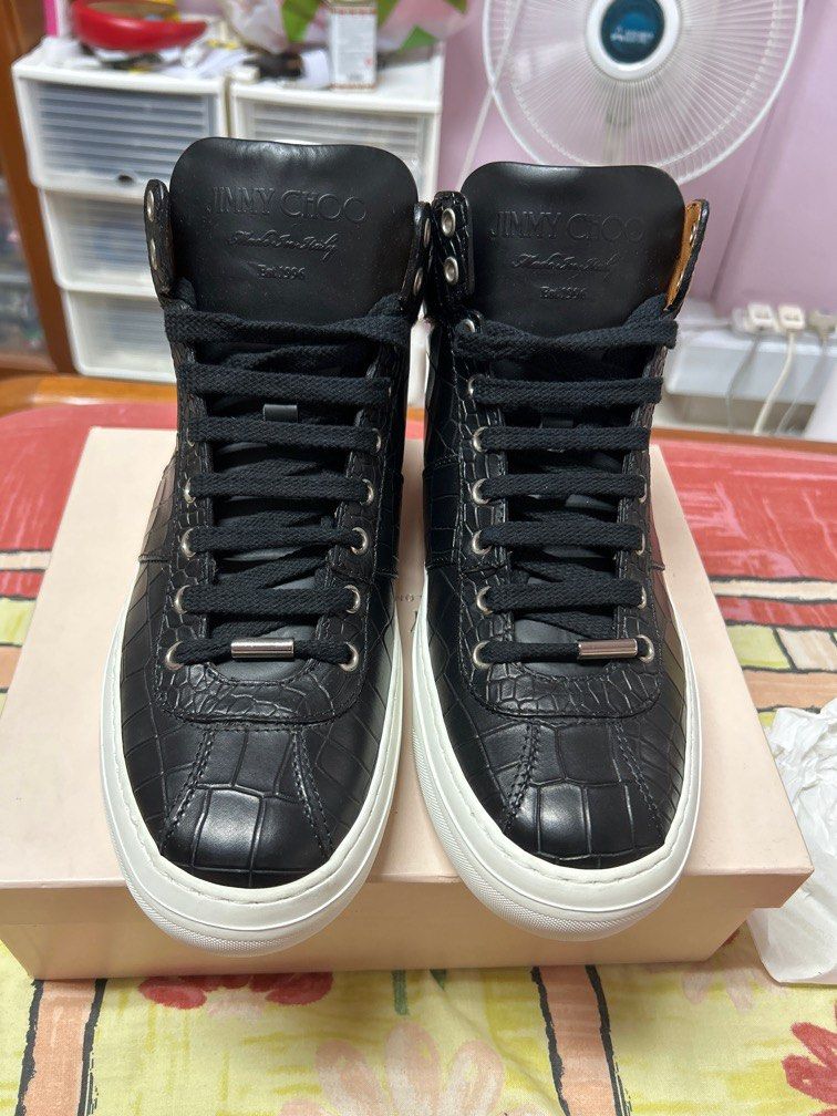 Jimmy Choo black croc embossed leather belgravia high top sneakers