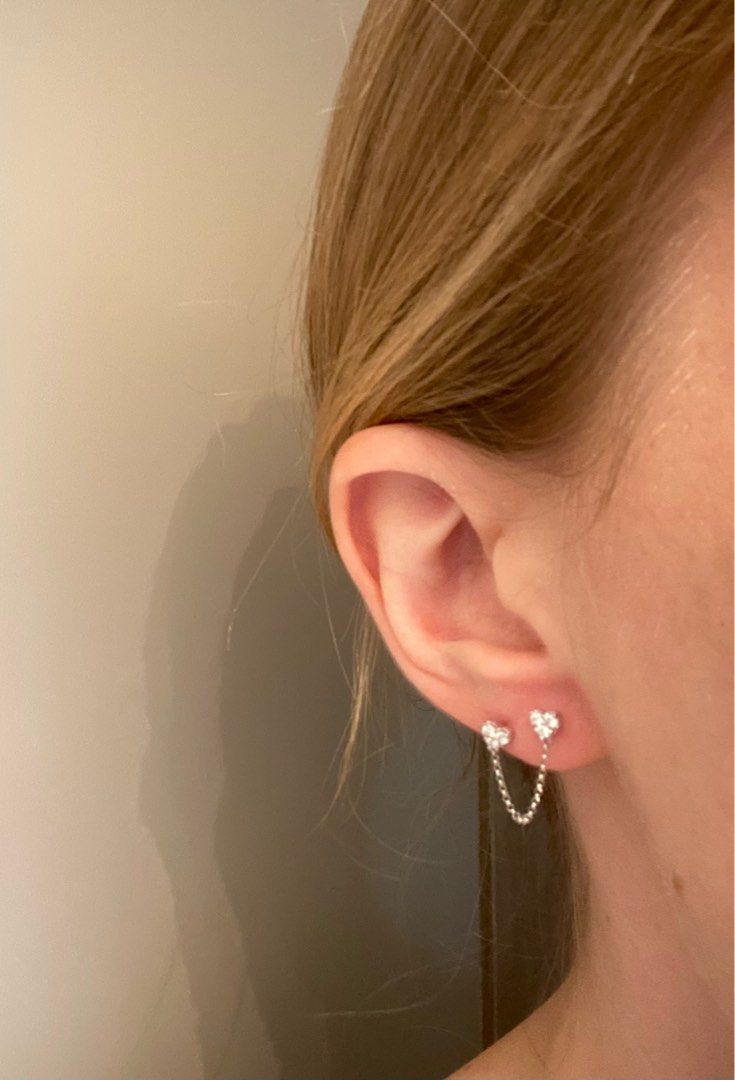 Mabelle 18K White Gold Diamond double heart stud chain earring