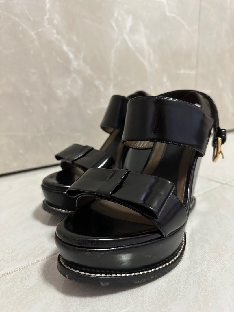 Marni Black Leather Bow Platform Sandals with White Stitch  display picture 3