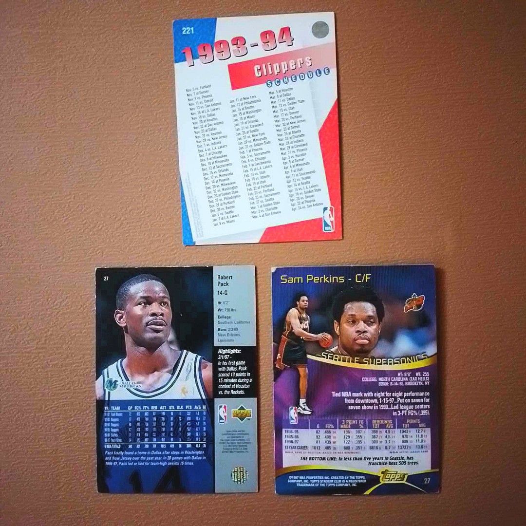 1993, 1997 NBA Cards: Upper Deck, Topps (Category: Raw Singles) located in Bacoor. Submitted by hazirannei (Listing ID 1248791218, Image 2). Description: 1993, 1997 NBA Cards: Upper Deck, Topps [1993 & 1997 Upper Deck] 221 Los Angeles Clippers 27 Robert Pack - Dallas Maverick [1997 Topps Stadium] 27 Sam Perkins - Seattle Supersonics MoP: GCash MoD: LBC Express or Buyer's preferred Courier if thru online booking. Shipping Fee at Buyer's expense..