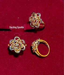 Ring  Bunga Rose 💚Latest  (100% Bangkok premium 999.9/916 Gold plated Mix Gold Cincin Flower with ada chop 916 ( width: lebar 2 cm/ Hk Size available: 11.5/12.5/13/15/16/17.5/18/19/19.5 in stock long lasting quality.