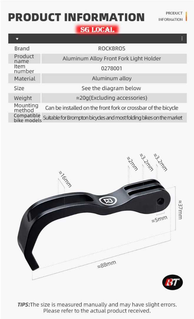 ROCKBROS Front Fork Light Holder Aluminum Alloy GoPro Folding Bike