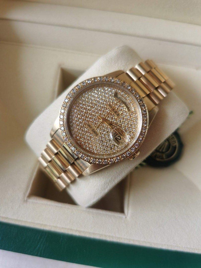 ROLEX 90's Daydate President 18k Solid Gold with FULL Diamond Paved Dial 36mm (Category: Luxury Watches) located in Pasig City. Submitted by Watchaholics (Listing ID 1248705708, Image 2). Description: RuSH SALE!!!! ROLEX 90's Daydate President 18k Solid Gold with FULL Diamond Paved Dial 36mm -Ref 118238 -90's model -36mm -9/10 condition Comes with box and authentication paper from R&R watch service Center For 1.170M This is a RUSH SALE You may DM