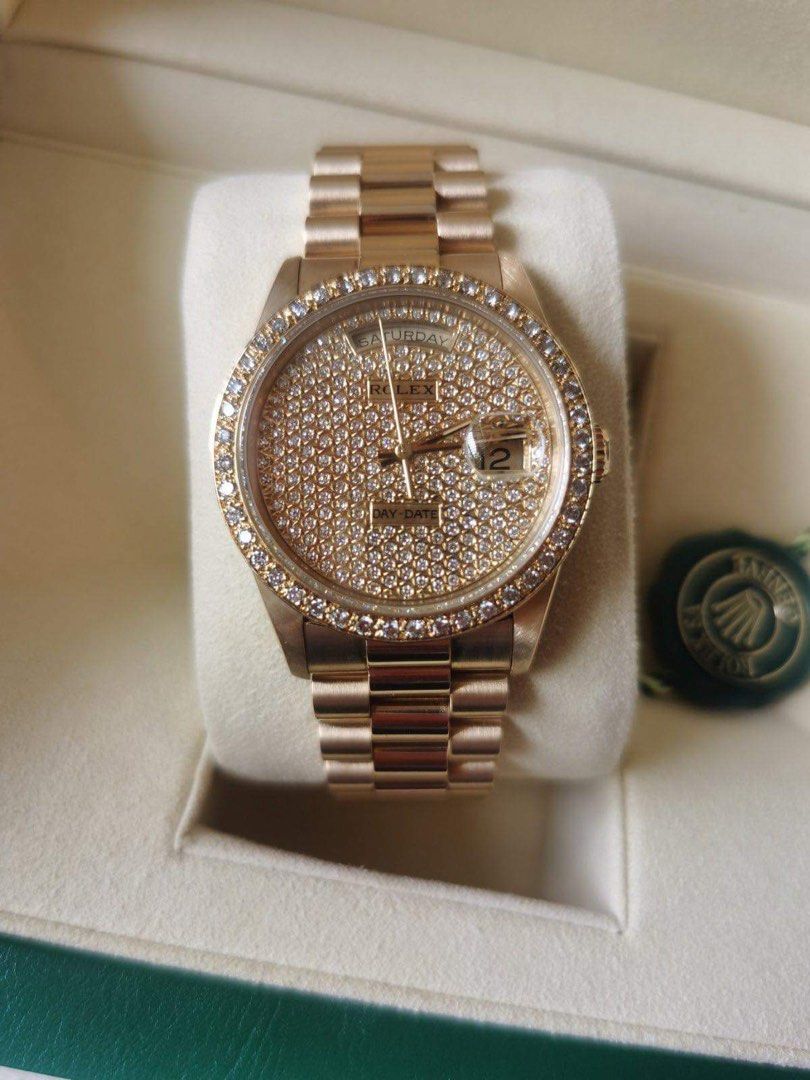 ROLEX 90's Daydate President 18k Solid Gold with FULL Diamond Paved Dial 36mm (Category: Luxury Watches) located in Pasig City. Submitted by Watchaholics (Listing ID 1248705708, Image 1). Description: RuSH SALE!!!! ROLEX 90's Daydate President 18k Solid Gold with FULL Diamond Paved Dial 36mm -Ref 118238 -90's model -36mm -9/10 condition Comes with box and authentication paper from R&R watch service Center For 1.170M This is a RUSH SALE You may DM