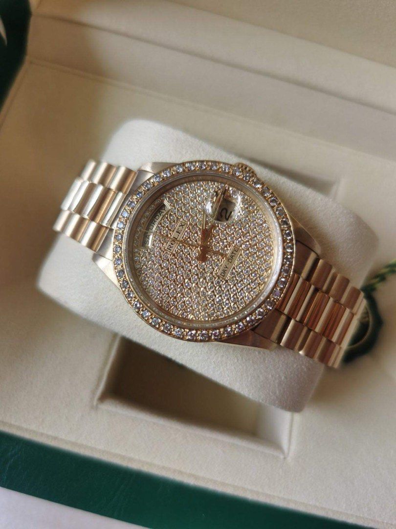 ROLEX 90's Daydate President 18k Solid Gold with FULL Diamond Paved Dial 36mm (Category: Luxury Watches) located in Pasig City. Submitted by Watchaholics (Listing ID 1248705708, Image 3). Description: RuSH SALE!!!! ROLEX 90's Daydate President 18k Solid Gold with FULL Diamond Paved Dial 36mm -Ref 118238 -90's model -36mm -9/10 condition Comes with box and authentication paper from R&R watch service Center For 1.170M This is a RUSH SALE You may DM
